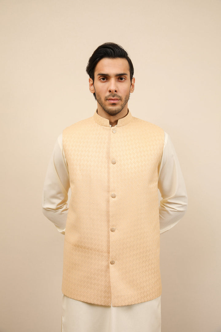 Muraqsh Ready To Wear Solids Bosky Men Bosky White Kurta Trouser with Skin Jamawar Waistcoat MUR-BWKTW - Summer Collection
