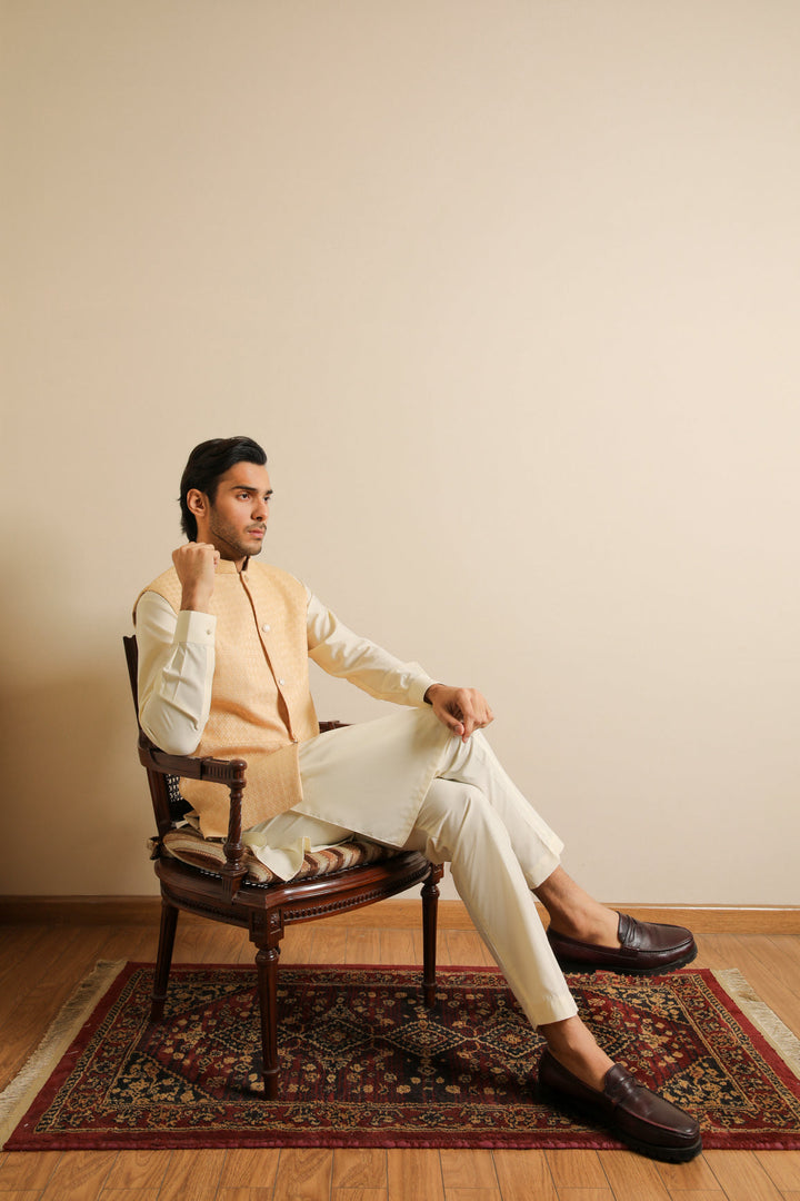 Muraqsh Ready To Wear Solids Bosky Men Bosky White Kurta Trouser with Skin Jamawar Waistcoat MUR-BWKTW - Summer Collection