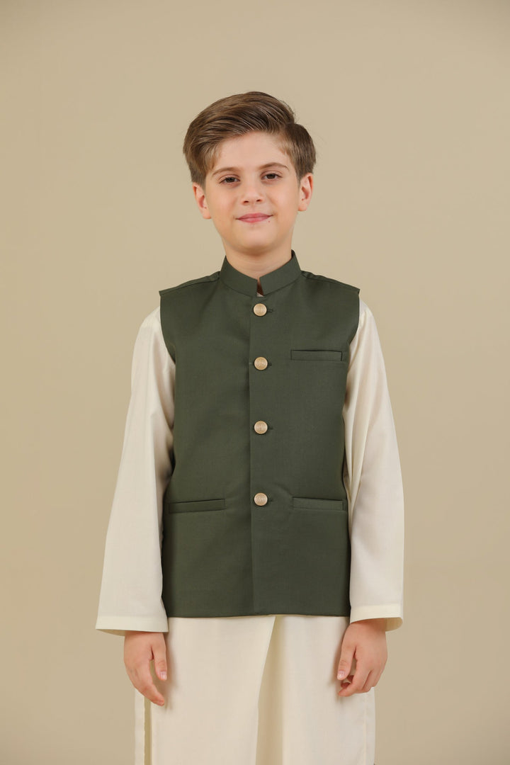Muraqsh Ready To Wear Solids Bosky Boys Bosky White Kurta Trouser with Army Green Suiting Waistcoat Straight Cut MUR-CWKTW - Summer Collection