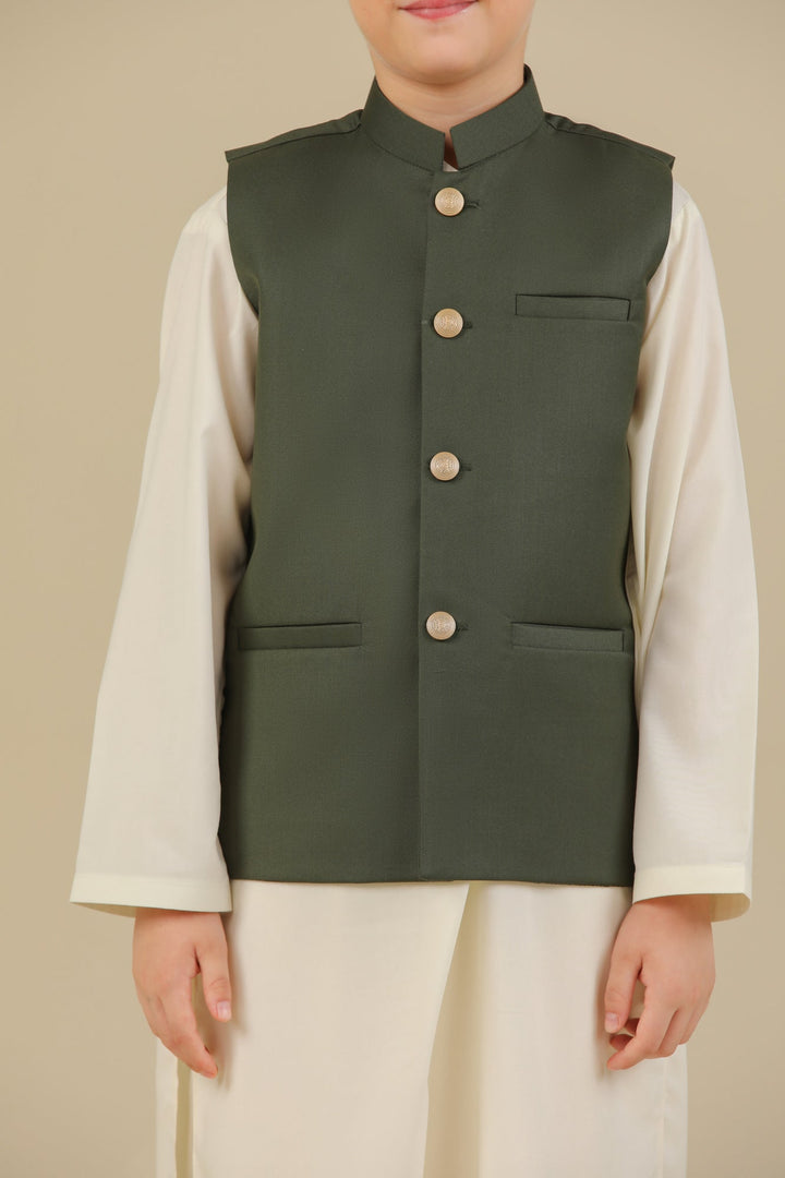 Muraqsh Ready To Wear Solids Bosky Boys Bosky White Kurta Trouser with Army Green Suiting Waistcoat Straight Cut MUR-CWKTW - Summer Collection