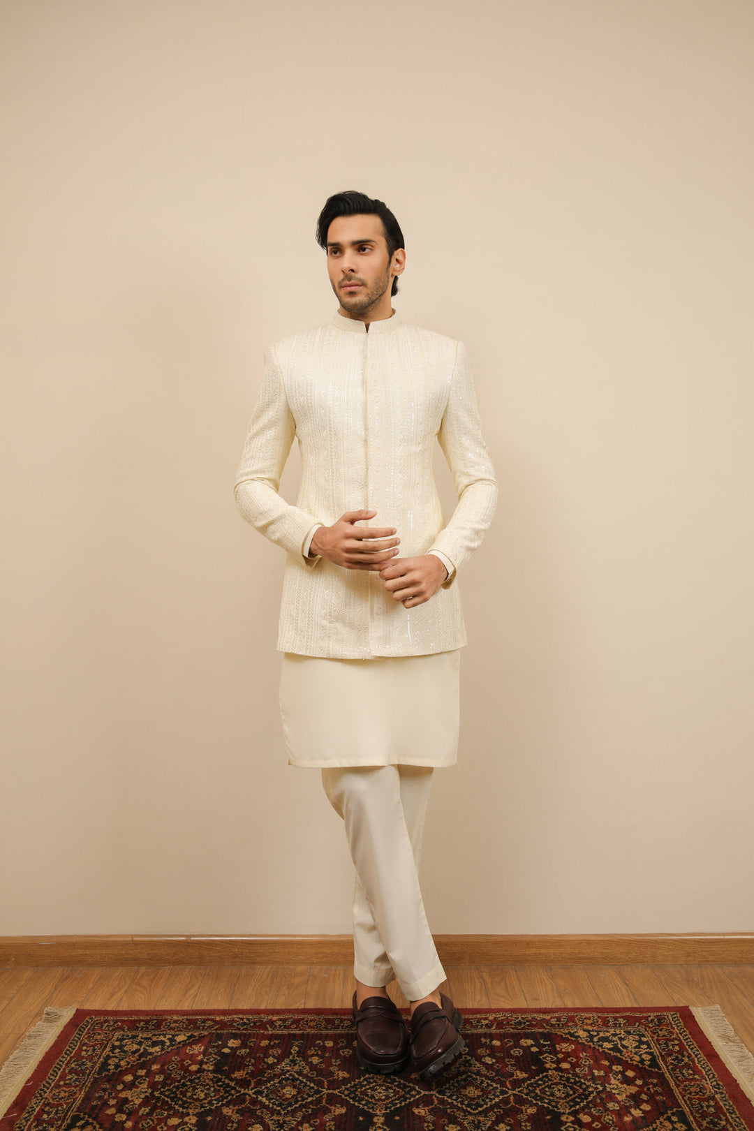 Muraqsh Ready To Wear Embroidered Bosky Men White Falling Prince Coat MUR-BWFEP - Summer Collection