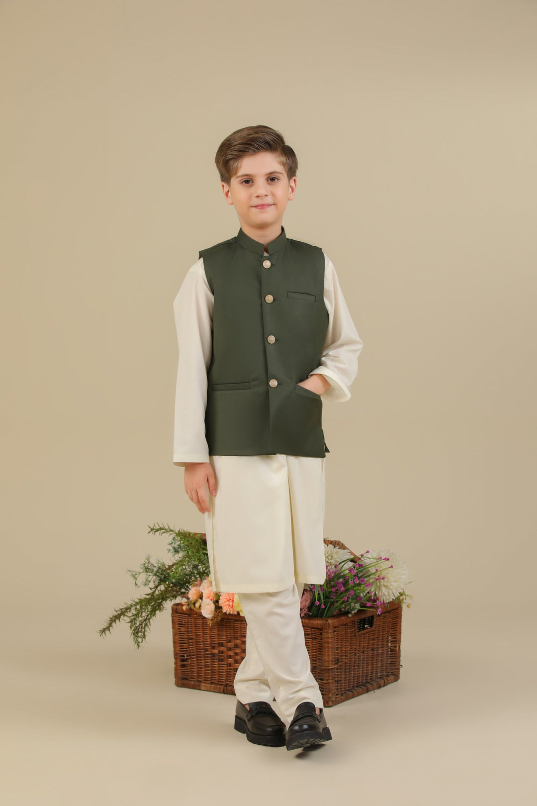 Muraqsh Ready To Wear Solids Bosky Boys Bosky White Kurta Trouser with Army Green Suiting Waistcoat Straight Cut MUR-CWKTW - Summer Collection