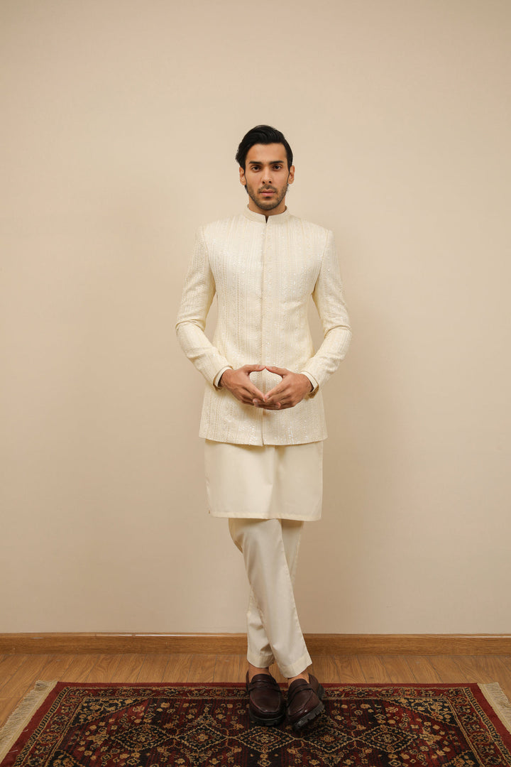 Muraqsh Ready To Wear Embroidered Bosky Men Bosky White Kurta Trouser with Falling Prince Coat ABD-BWKTW - Summer Collection