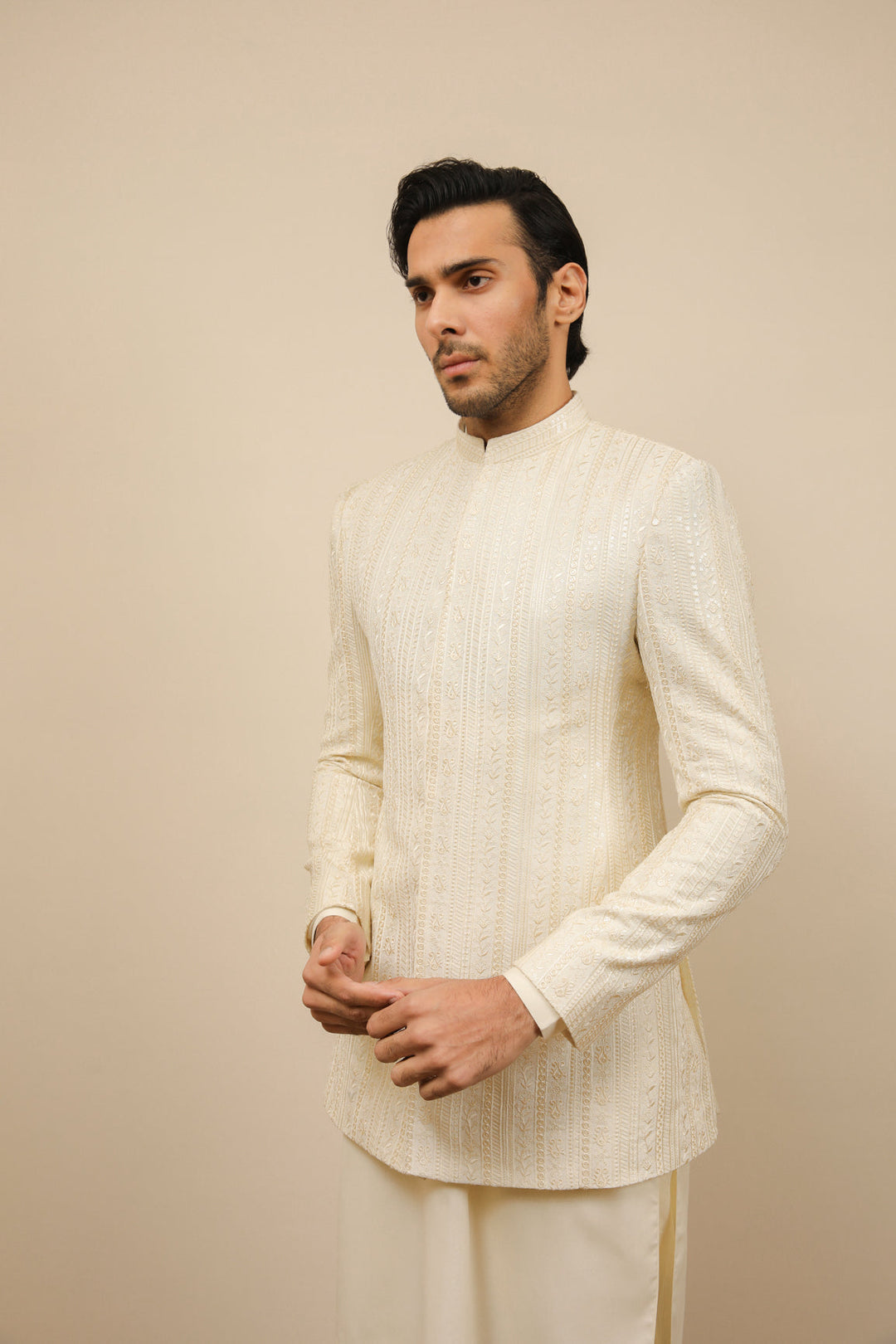 Muraqsh Ready To Wear Embroidered Bosky Men White Falling Prince Coat MUR-BWFEP - Summer Collection