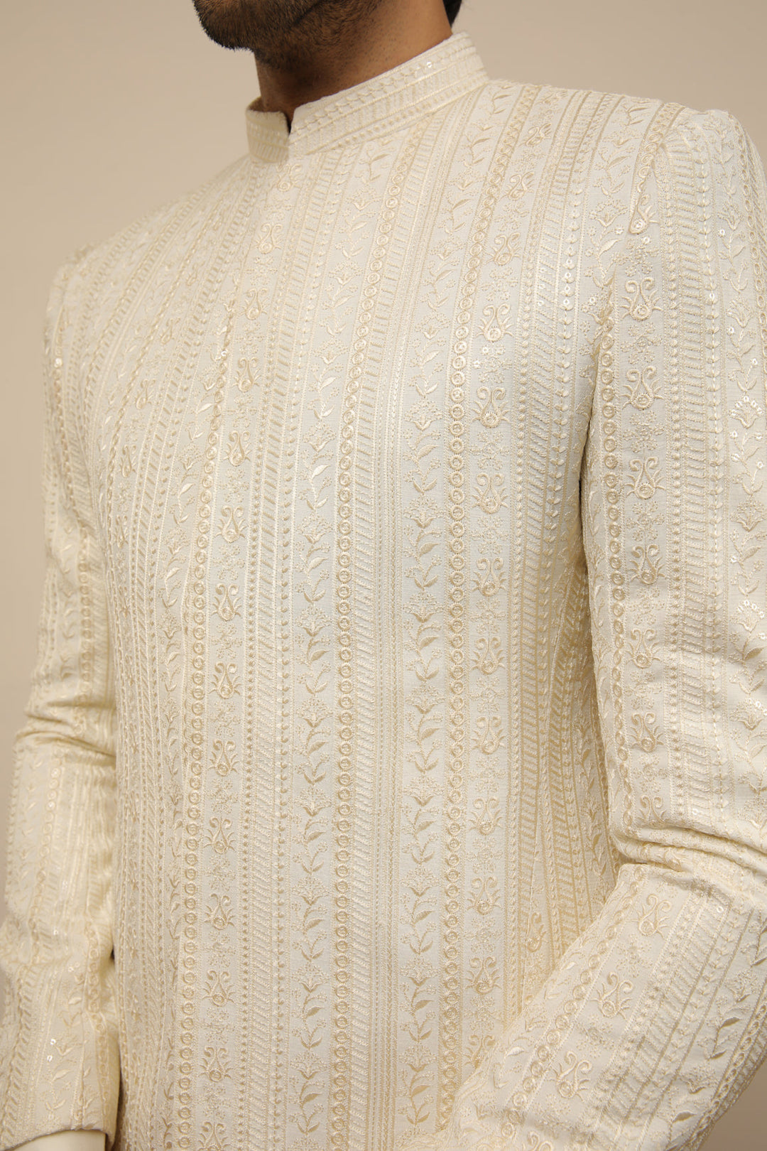 Muraqsh Ready To Wear Embroidered Bosky Men White Falling Prince Coat MUR-BWFEP - Summer Collection