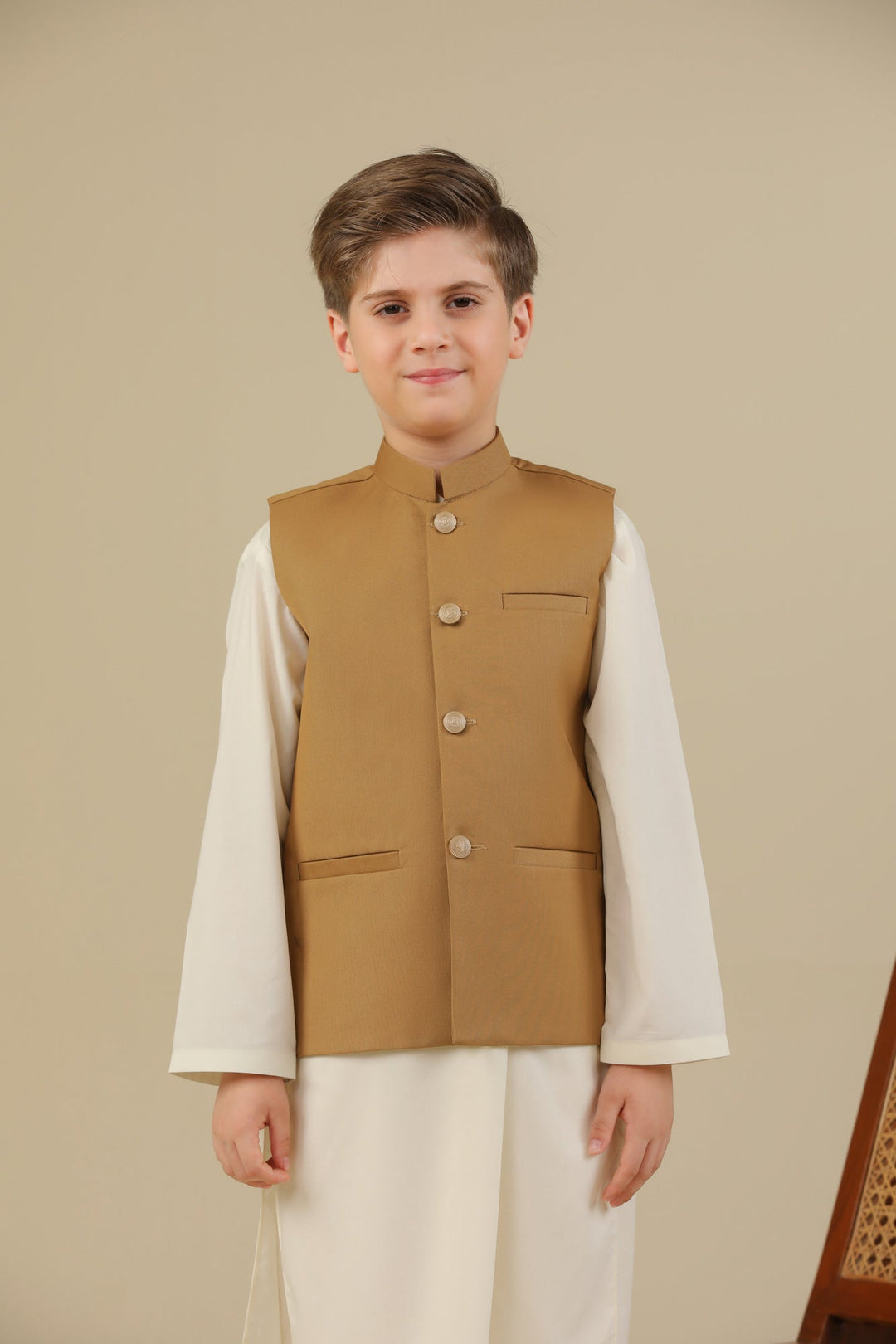 Muraqsh Ready To Wear Solids Cotton Boys Camel Suiting Waistcoat Straight Cut Buttoned MUR-CSW - Summer Collection