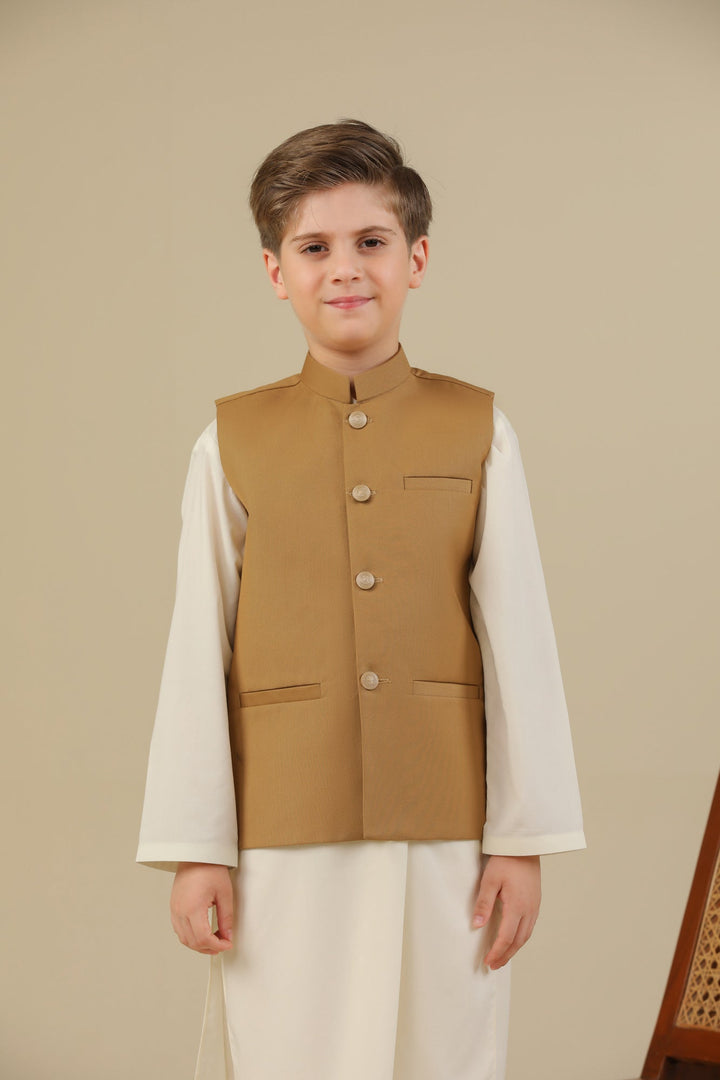 Muraqsh Ready To Wear Solids Cotton Boys Camel Suiting Waistcoat Straight Cut Buttoned MUR-CSW - Summer Collection