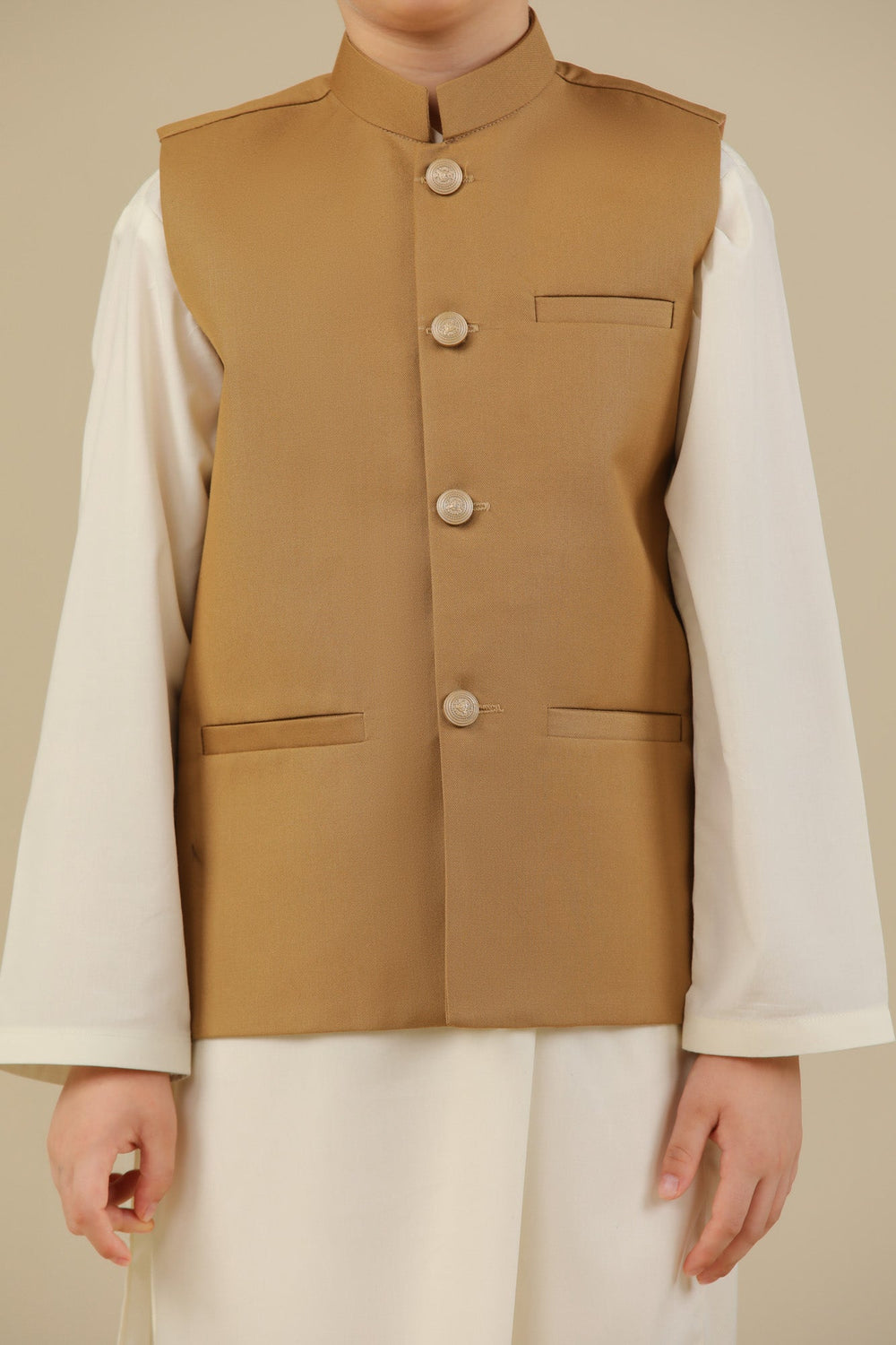 Muraqsh Ready To Wear Solids Cotton Boys Camel Suiting Waistcoat Straight Cut Buttoned MUR-CSW - Summer Collection