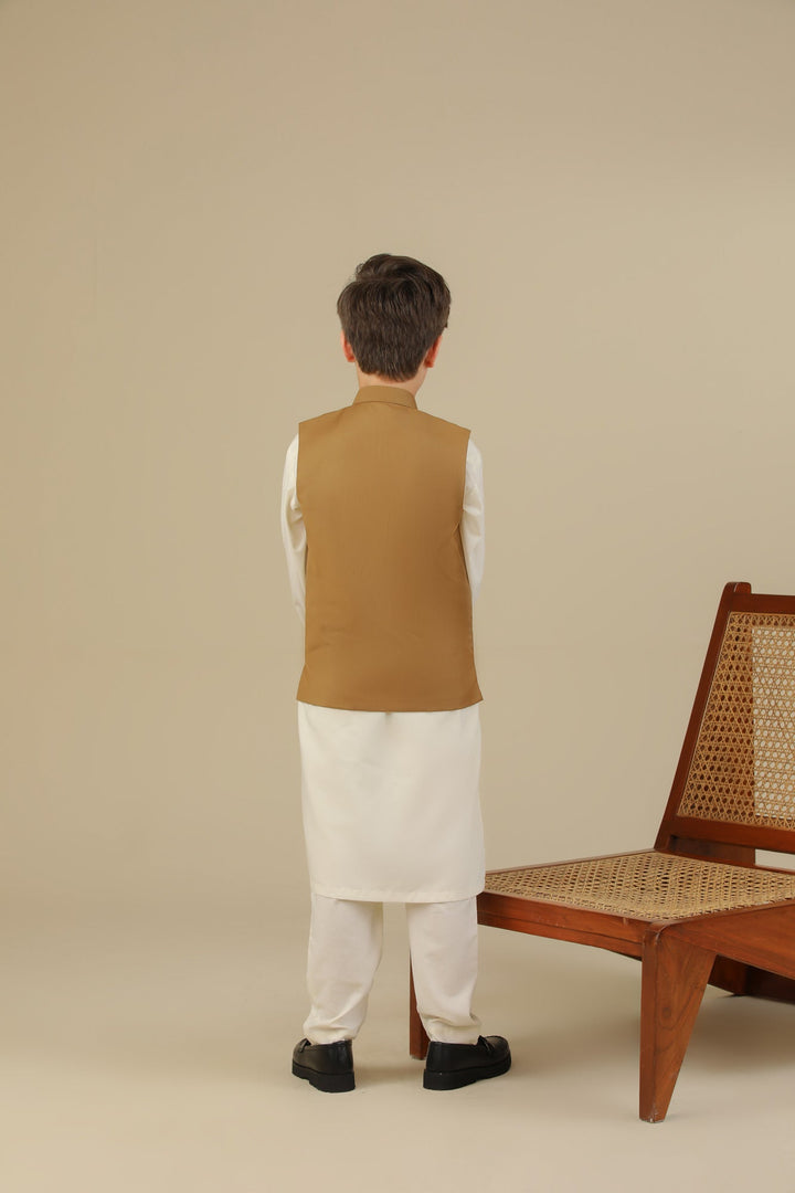 Muraqsh Ready To Wear Solids Cotton Boys Camel Suiting Waistcoat Straight Cut Buttoned MUR-CSW - Summer Collection