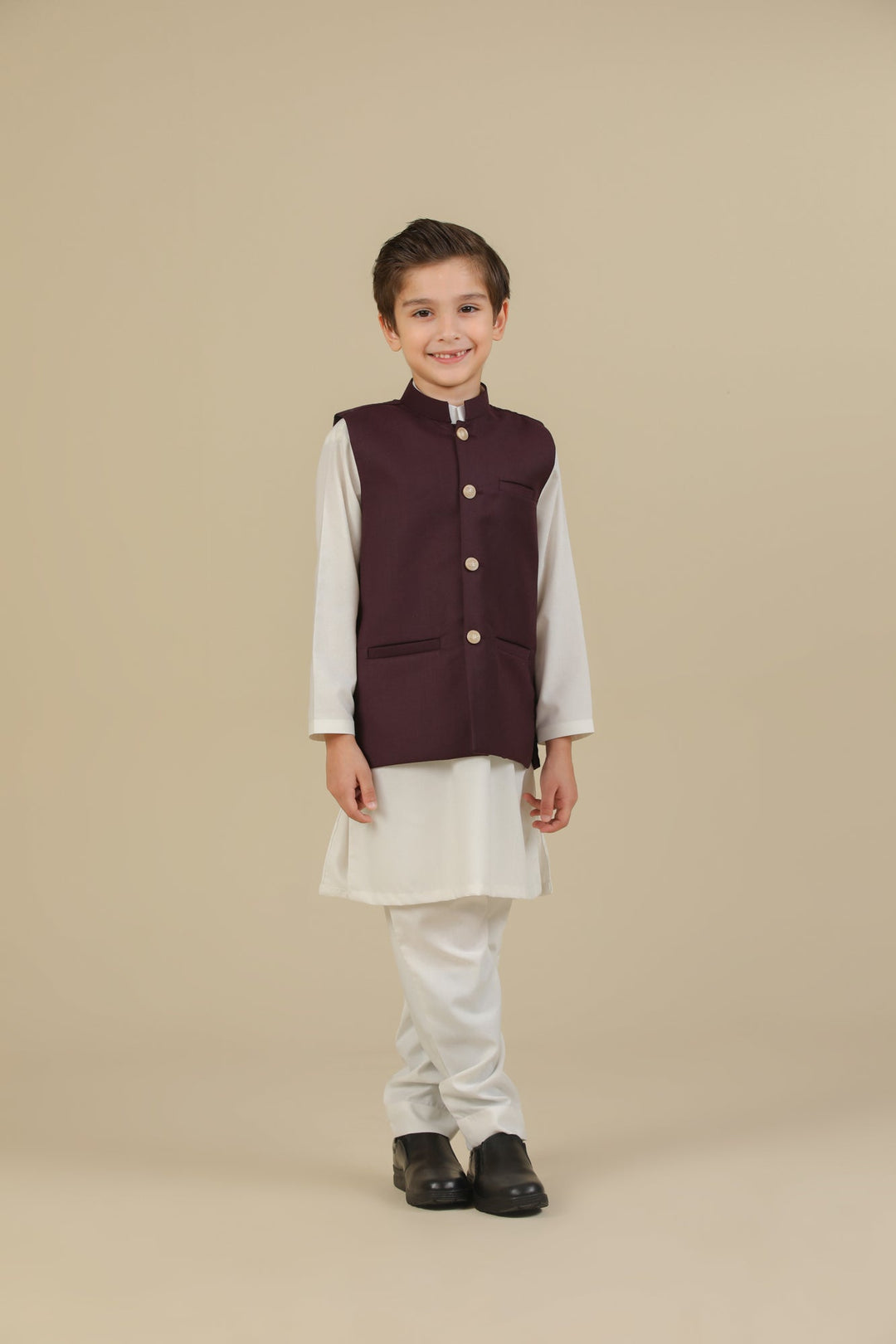 Muraqsh Ready To Wear Solids Cotton Boys Off White Kurta Trouser with Burgundy Suiting Waistcoat Straight Cut MUR-OWKTW - Summer Collection
