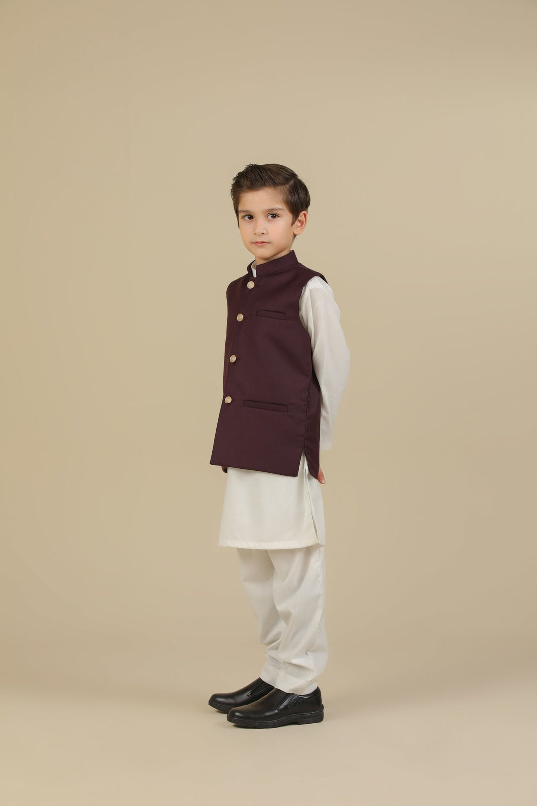 Muraqsh Ready To Wear Solids Cotton Boys Off White Kurta Trouser with Burgundy Suiting Waistcoat Straight Cut MUR-OWKTW - Summer Collection
