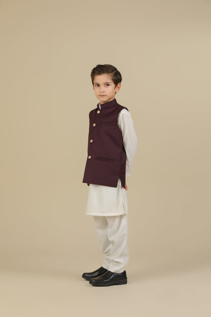 Muraqsh Ready To Wear Solids Cotton Boys Beige Suiting Waistcoat Straight Cut Buttoned MUR-BSW - Summer Collection