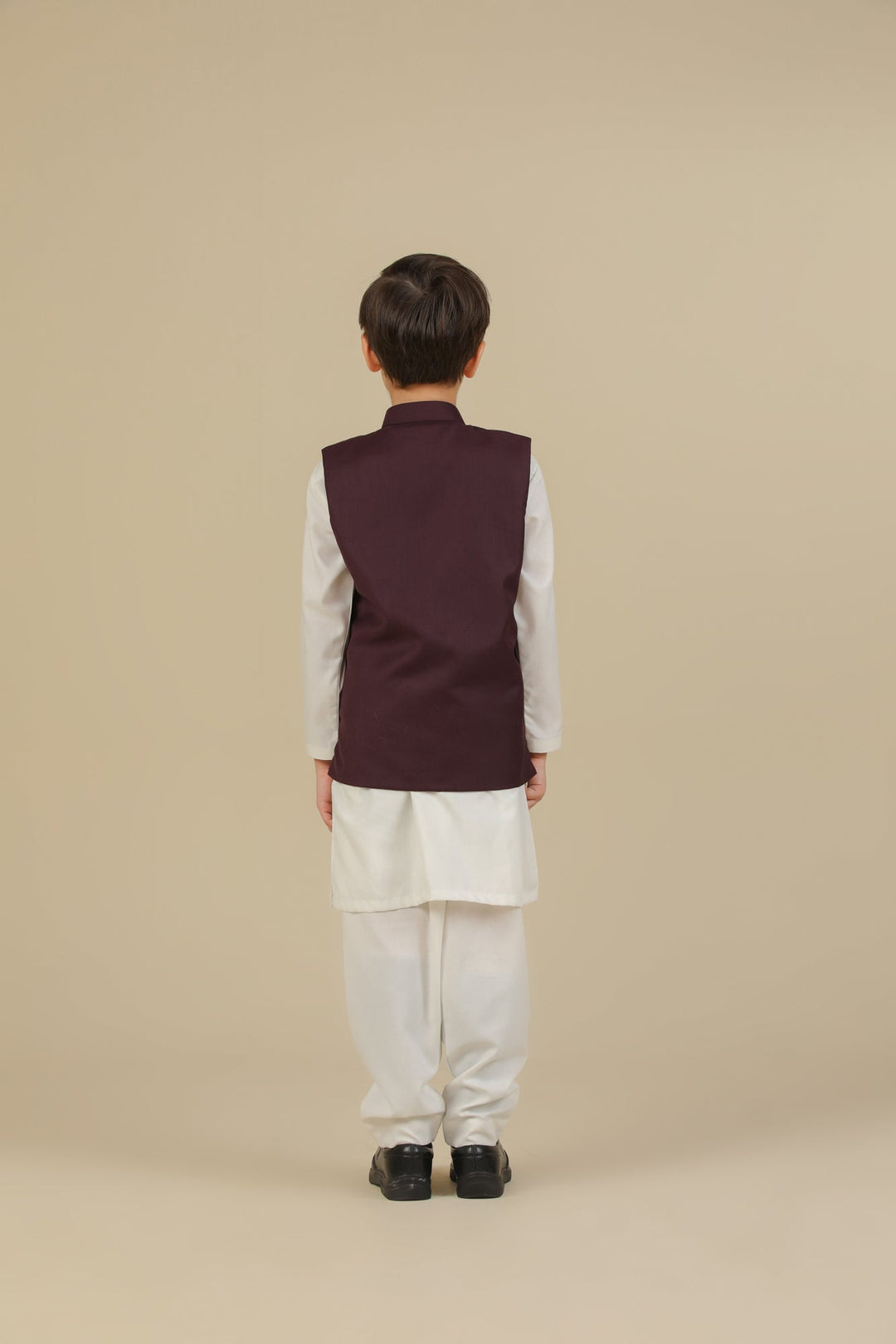 Muraqsh Ready To Wear Solids Cotton Boys Off White Kurta Trouser with Burgundy Suiting Waistcoat Straight Cut MUR-OWKTW - Summer Collection