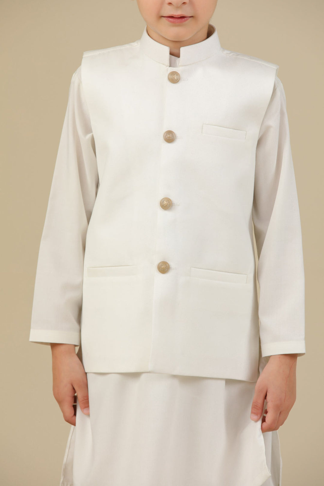 Muraqsh Ready To Wear Solids Cotton Boys Off White Kurta Trouser with Suiting Waistcoat Straight Cut MUR-OWKTW - Summer Collection