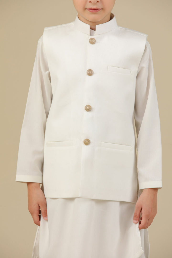 Muraqsh Ready To Wear Solids Cotton Boys Off White Kurta Trouser with Suiting Waistcoat Straight Cut MUR-OWKTW - Summer Collection