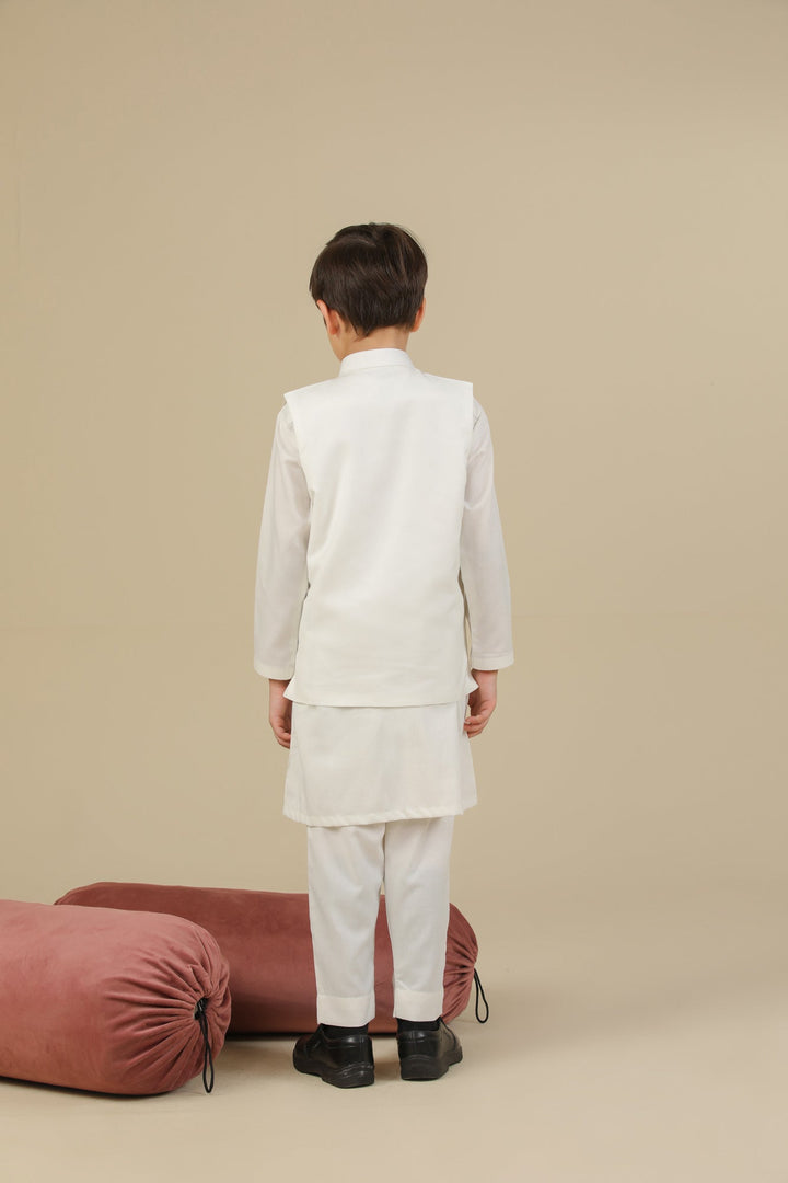 Muraqsh Ready To Wear Solids Cotton Boys Off White Kurta Trouser with Suiting Waistcoat Straight Cut MUR-OWKTW - Summer Collection