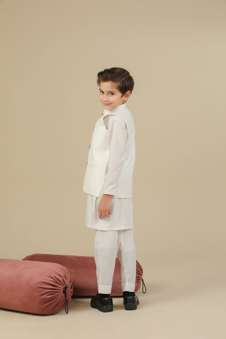 Muraqsh Ready To Wear Solids Cotton Boys Off White Kurta Trouser with Suiting Waistcoat Straight Cut MUR-OWKTW - Summer Collection