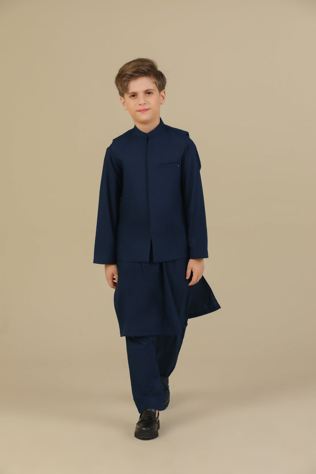 Muraqsh Ready To Wear Solids Cotton Boys Navy Blue Kurta Trouser with Blended Waistcoat MUR-NBKTW - Summer Collection