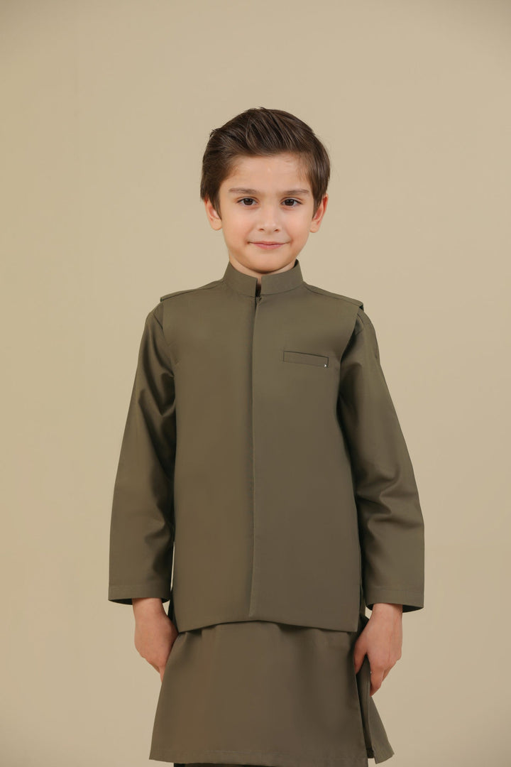 Muraqsh Ready To Wear Solids Cotton Boys Olive Green Kurta Trouser with Blended Waistcoat MUR-OGKTW - Summer Collection