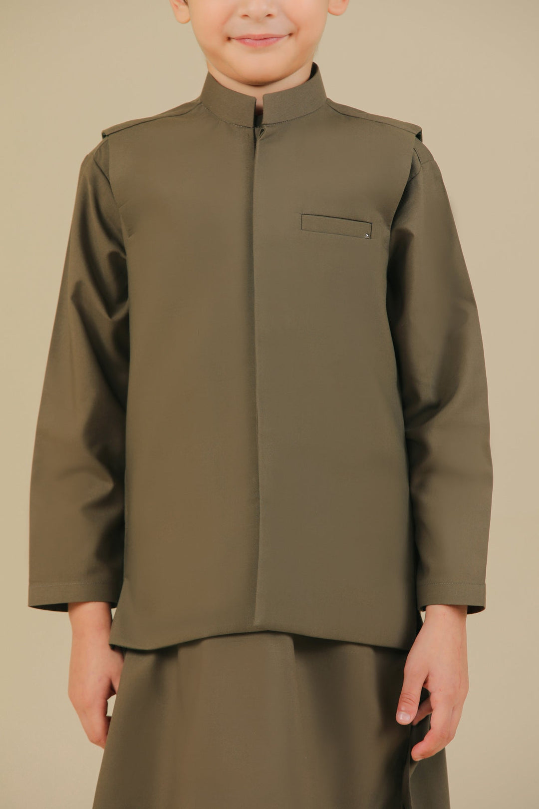 Muraqsh Ready To Wear Solids Cotton Boys Olive Green Kurta Trouser with Blended Waistcoat MUR-OGKTW - Summer Collection