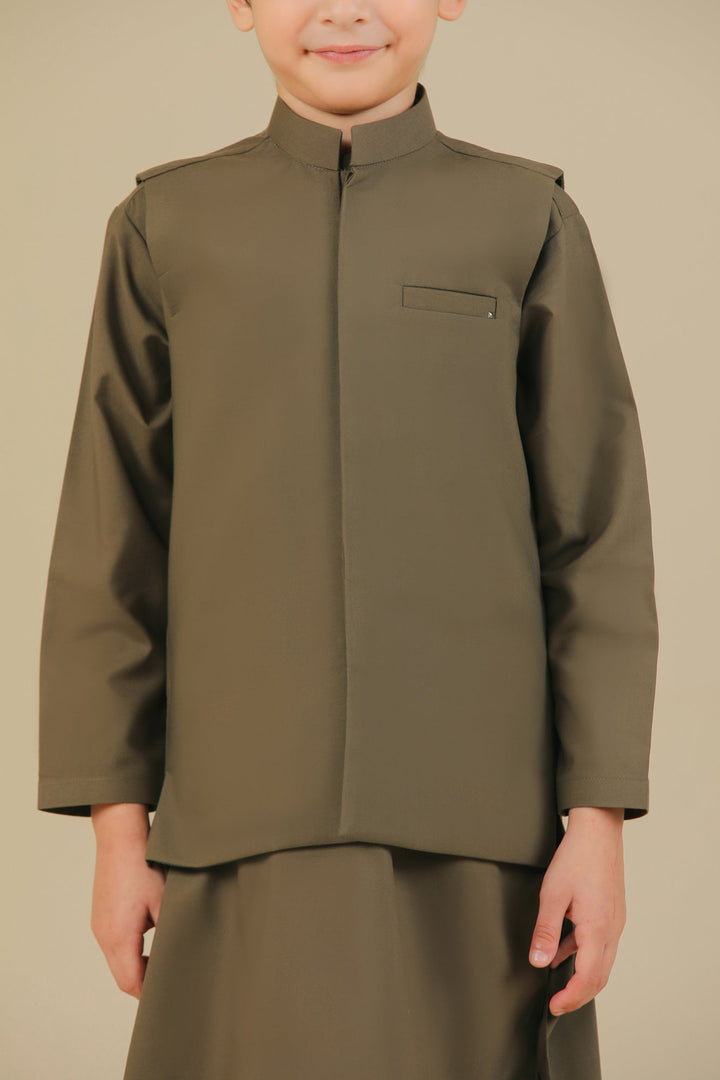 Muraqsh Ready To Wear Solids Cotton Boys Olive Green Kurta Trouser with Blended Waistcoat MUR-OGKTW - Summer Collection