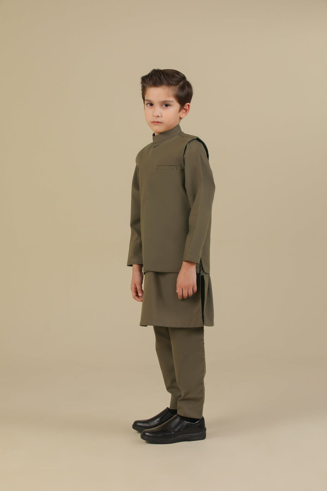Muraqsh Ready To Wear Solids Cotton Boys Olive Green Kurta Trouser with Blended Waistcoat MUR-OGKTW - Summer Collection