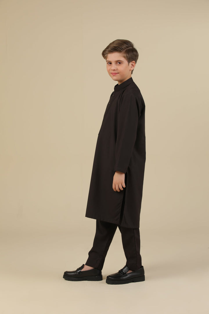 Muraqsh Ready To Wear Solids Cotton Boys Dark Brown Blended Kurta Trouser MUR-DBKT- - Summer Collection