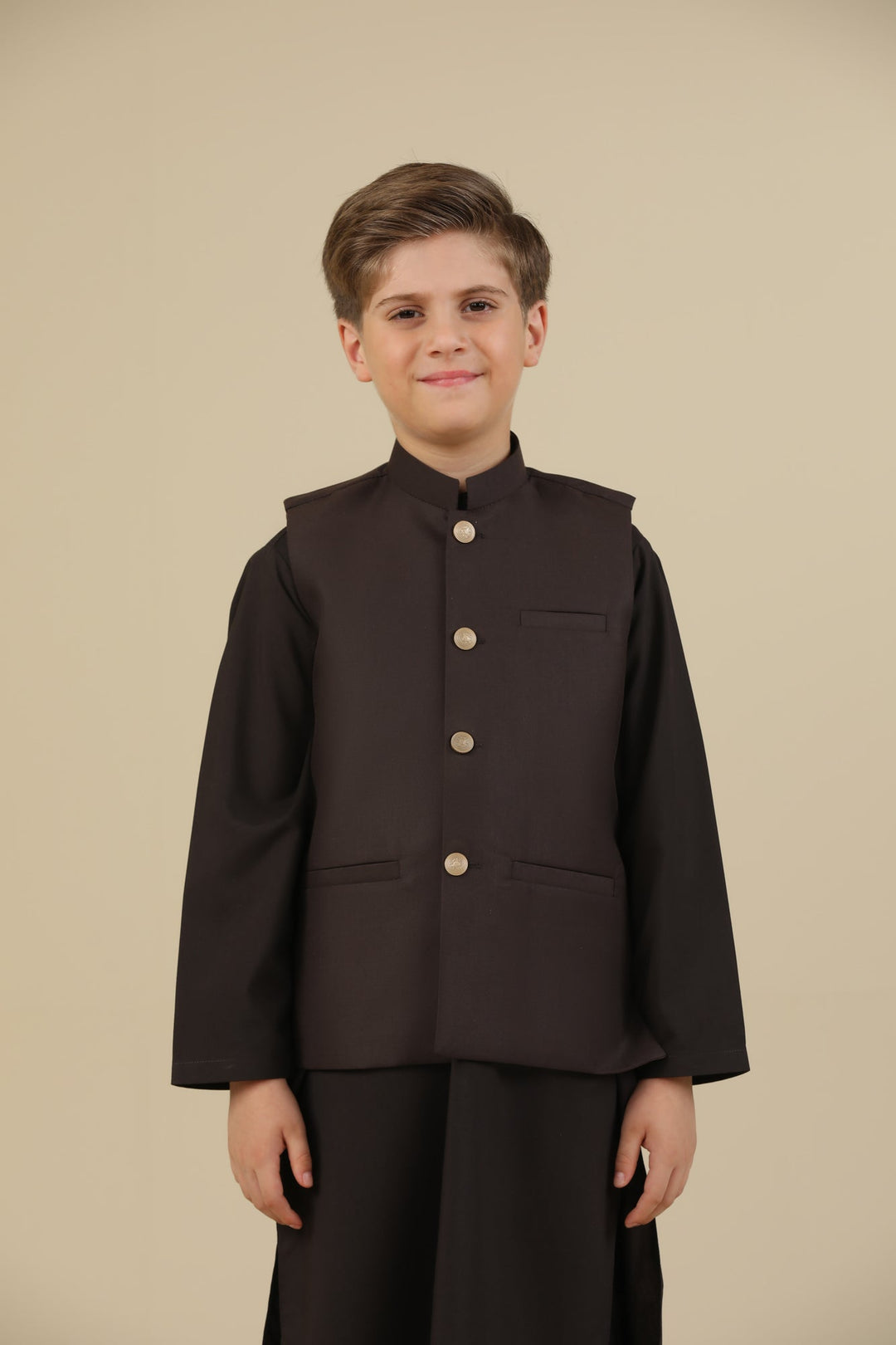 Muraqsh Ready To Wear Solids Cotton Boys Dark Brown Kurta Trouser with Suiting Waistcoat Straight Cut MUR-DBKTW - Summer Collection