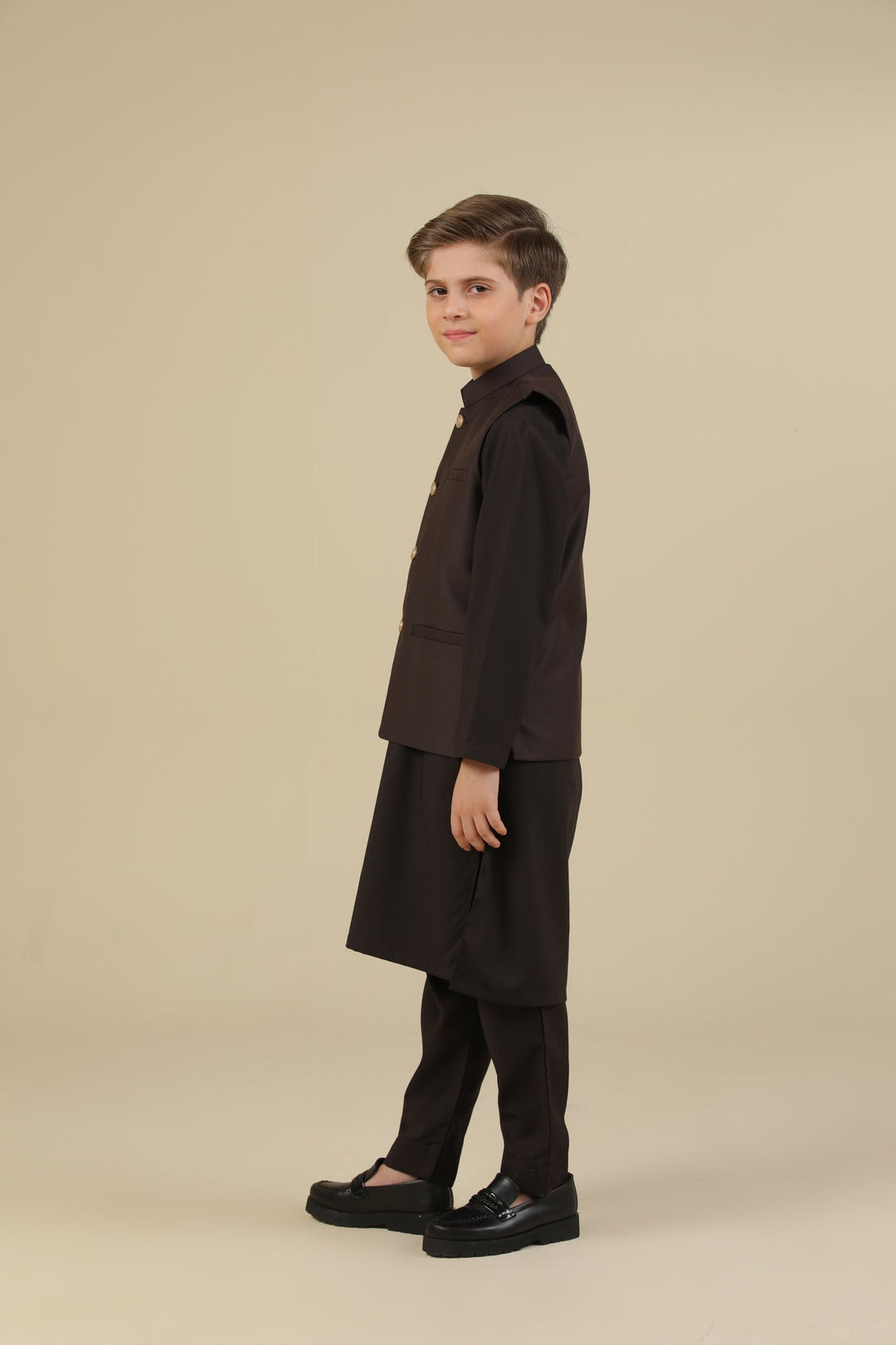 Muraqsh Ready To Wear Solids Cotton Boys Dark Brown Kurta Trouser with Suiting Waistcoat Straight Cut MUR-DBKTW - Summer Collection