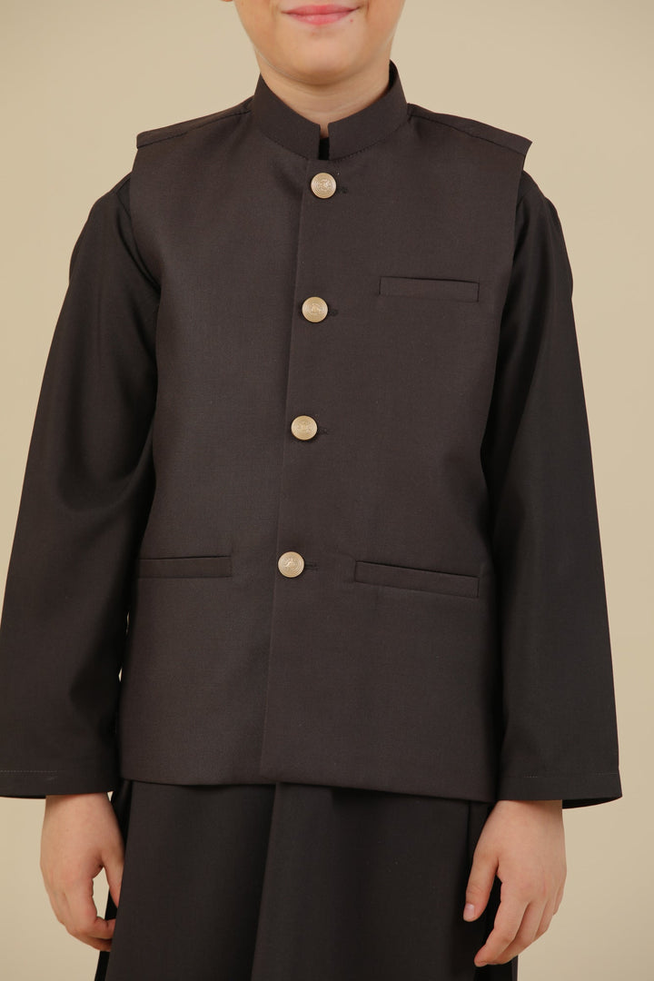 Muraqsh Ready To Wear Solids Cotton Boys Dark Brown Suiting Waistcoat Straight Cut Buttoned MUR-DBSW - Summer Collection