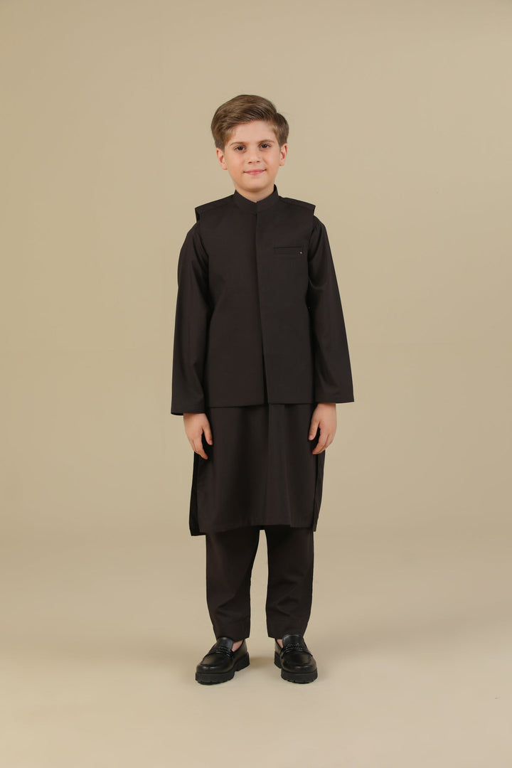 Muraqsh Ready To Wear Solids Cotton Boys Dark Brown Kurta Trouser with Suiting Waistcoat Straight Cut MUR-DBKTW - Summer Collection
