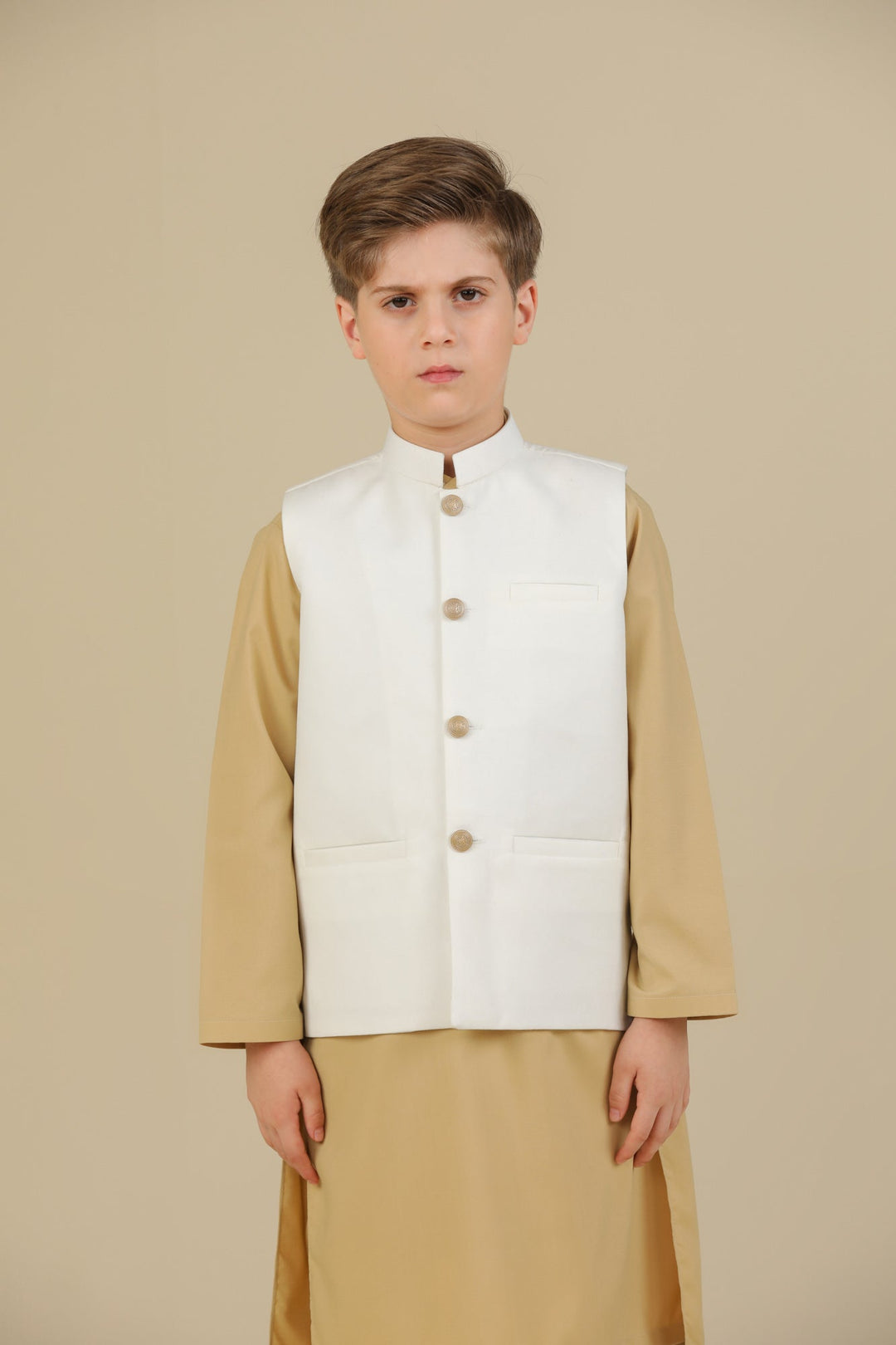 Muraqsh Ready To Wear Solids Cotton Boys Ivory Kurta Trouser with Off White Suiting Waistcoat Straight Cut MURBKTW - Summer Collection