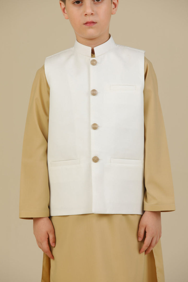 Muraqsh Ready To Wear Solids Cotton Boys Ivory Kurta Trouser with Off White Suiting Waistcoat Straight Cut MURBKTW - Summer Collection