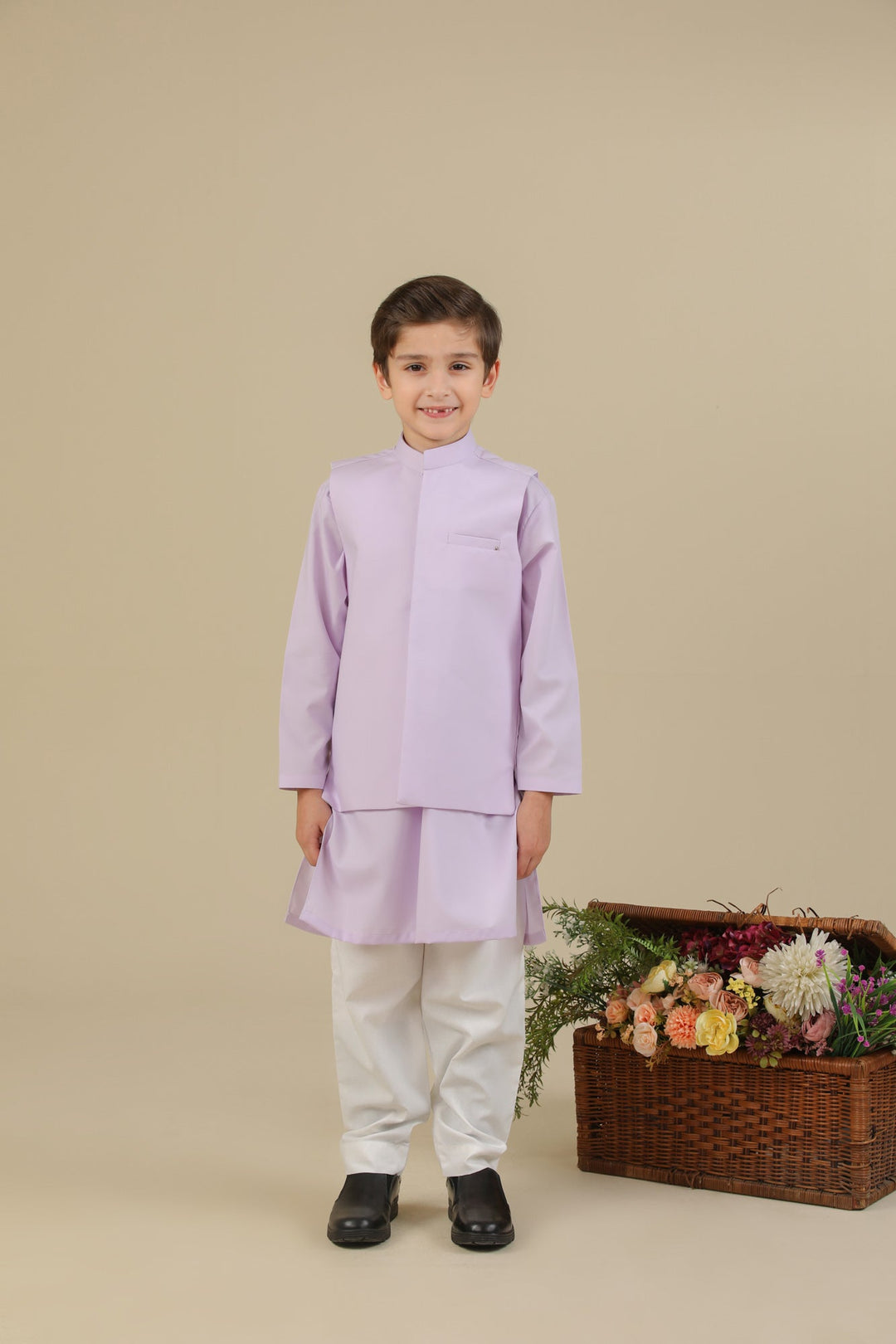 Muraqsh Ready To Wear Solids Cotton Boys Lilac Kurta Trouser with Blended Waistcoat MURKTWB - Summer Collection