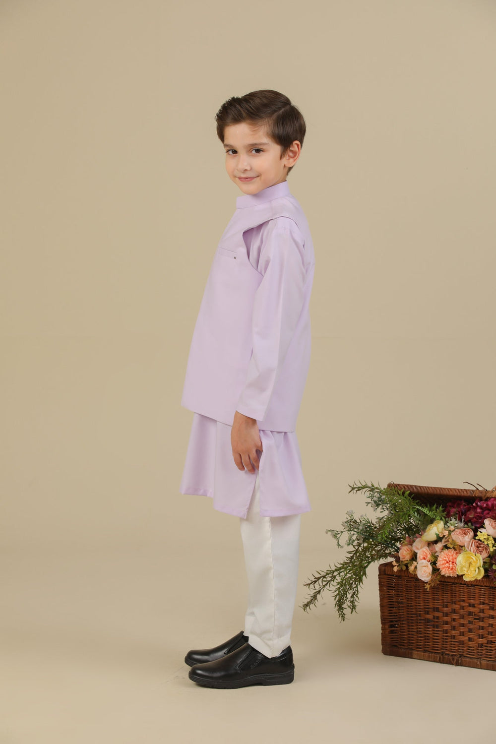 Muraqsh Ready To Wear Solids Cotton Boys Lilac Kurta Trouser with Blended Waistcoat MURKTWB - Summer Collection