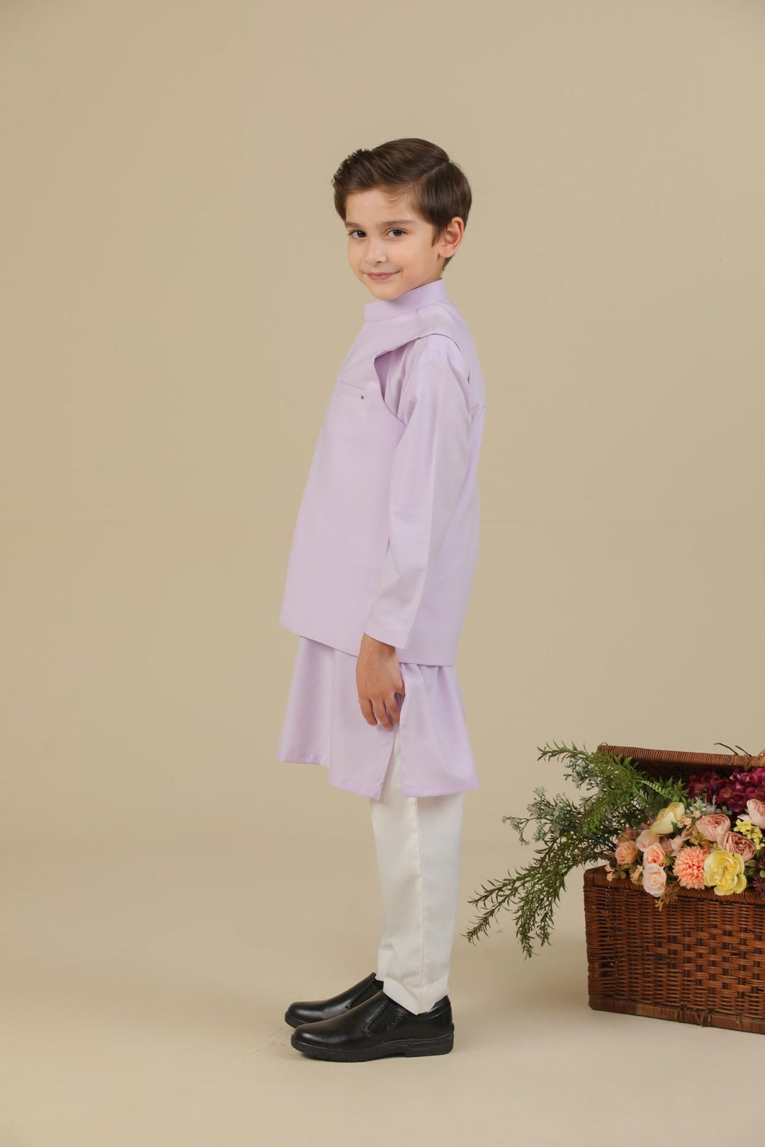 Muraqsh Ready To Wear Solids Cotton Boys Lilac Kurta Trouser with Blended Waistcoat MURKTWB - Summer Collection