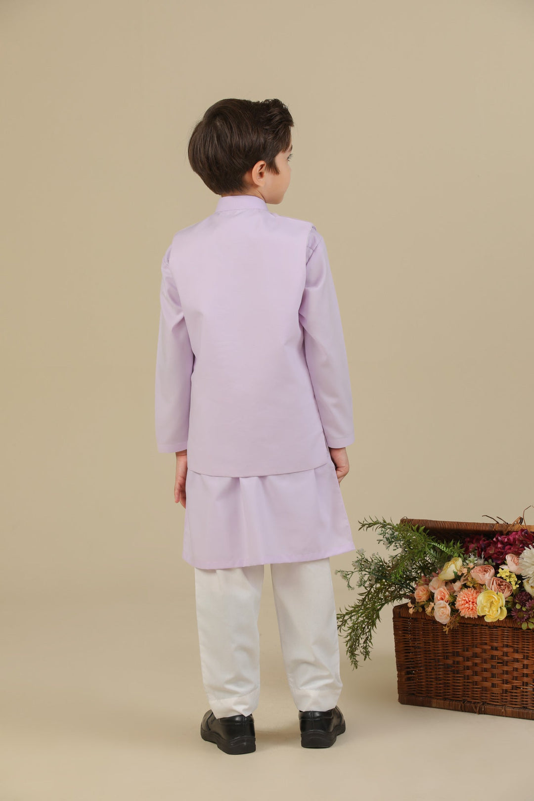 Muraqsh Ready To Wear Solids Cotton Boys Lilac Kurta Trouser with Blended Waistcoat MURKTWB - Summer Collection