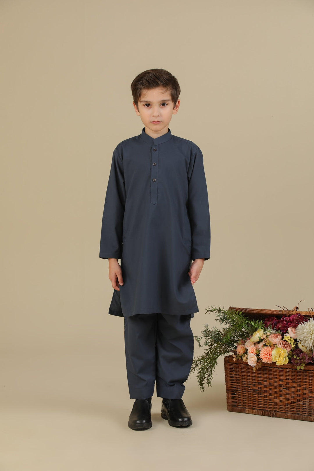 Muraqsh Ready To Wear Solids Cotton Boys Charcoal Grey Blended Kurta Trouser MUR-CGKT - Summer Collection