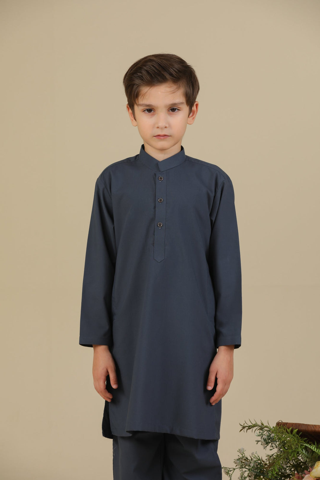 Muraqsh Ready To Wear Solids Cotton Boys Charcoal Grey Blended Kurta Trouser MUR-CGKT - Summer Collection