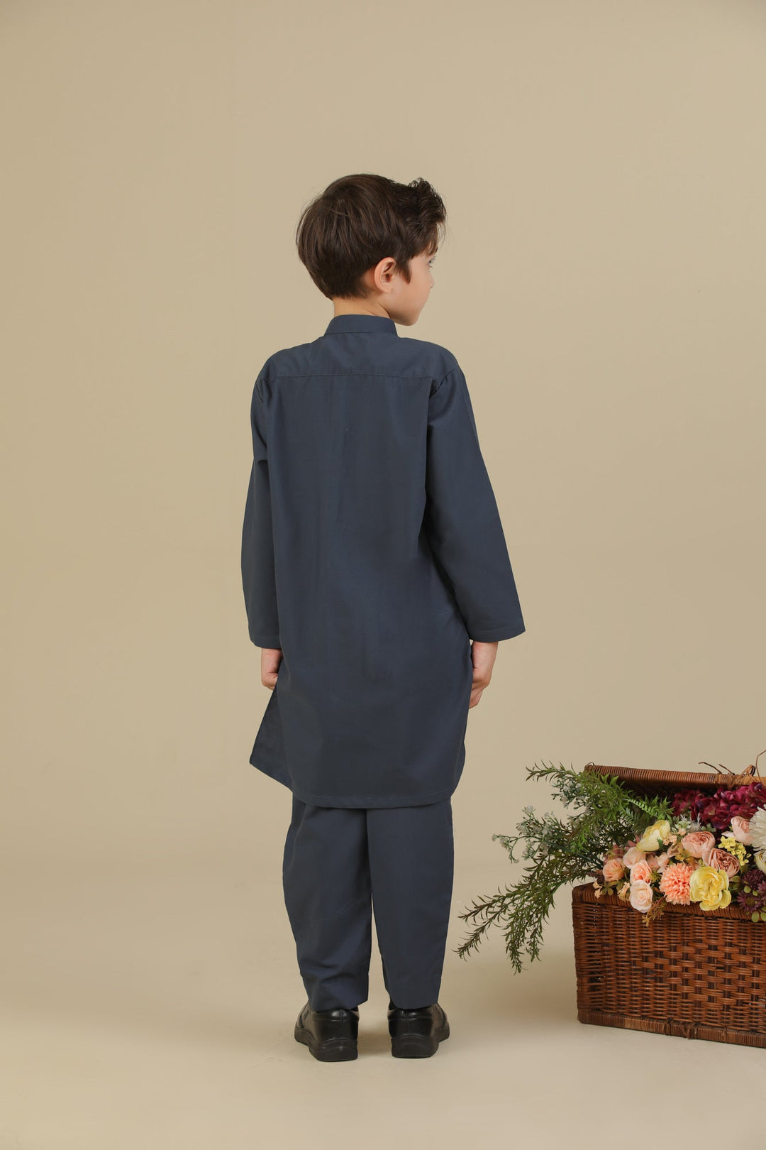 Muraqsh Ready To Wear Solids Cotton Boys Charcoal Grey Blended Kurta Trouser MUR-CGKT - Summer Collection