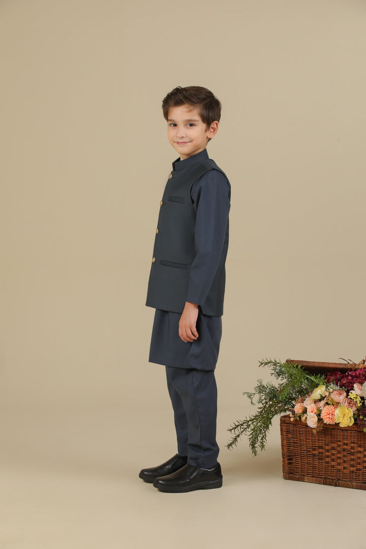 Muraqsh Ready To Wear Solids Cotton Boys Charcoal Grey Kurta Trouser with Suiting Waistcoat Straight Cut MUR-CGKTW - Summer Collection