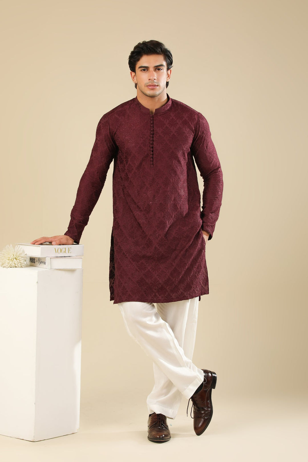 Muraqsh Ready To Wear Embroidered Silk Men Miras Maroon Kurta Trouser MURRS - Winter Collection