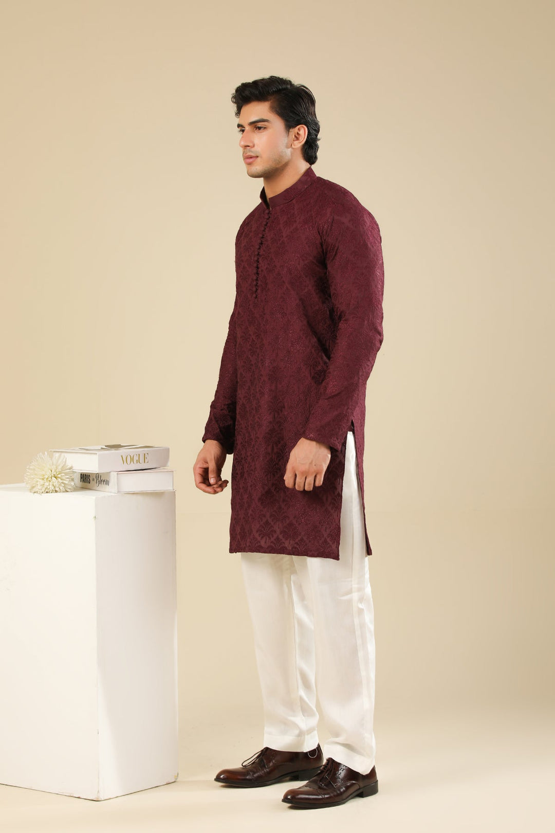 Muraqsh Ready To Wear Embroidered Silk Men Miras Maroon Kurta Trouser MURRS - Winter Collection