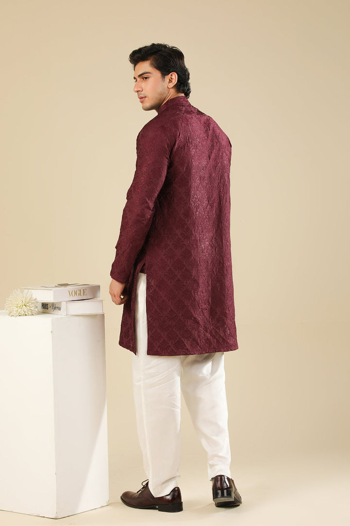 Muraqsh Ready To Wear Embroidered Silk Men Miras Maroon Kurta Trouser MURRS - Winter Collection
