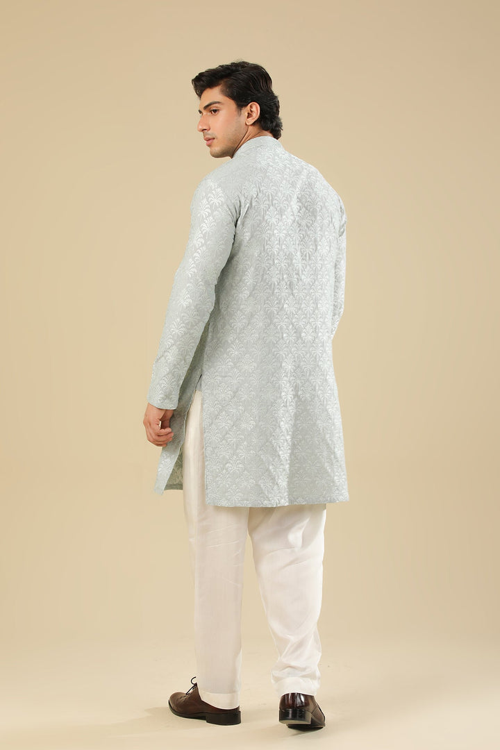 Muraqsh Ready To Wear Embroidered Silk Men Abroo Ice Blue Kurta Trouser MUR-A-IBR - Winter Collection