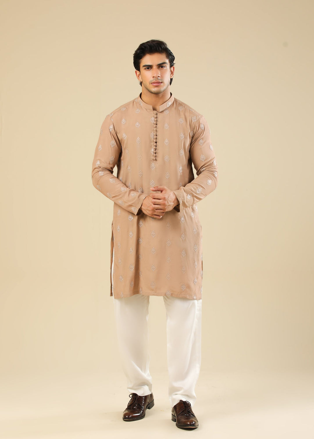 Muraqsh Ready To Wear Embroidered Silk Men Mehrab Sandstone Kurta Trouser MURRS - Winter Collection