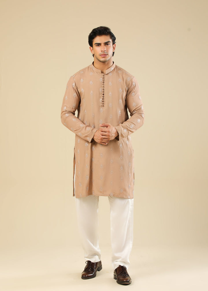 Muraqsh Ready To Wear Embroidered Silk Men Mehrab Sandstone Kurta Trouser MURRS - Winter Collection