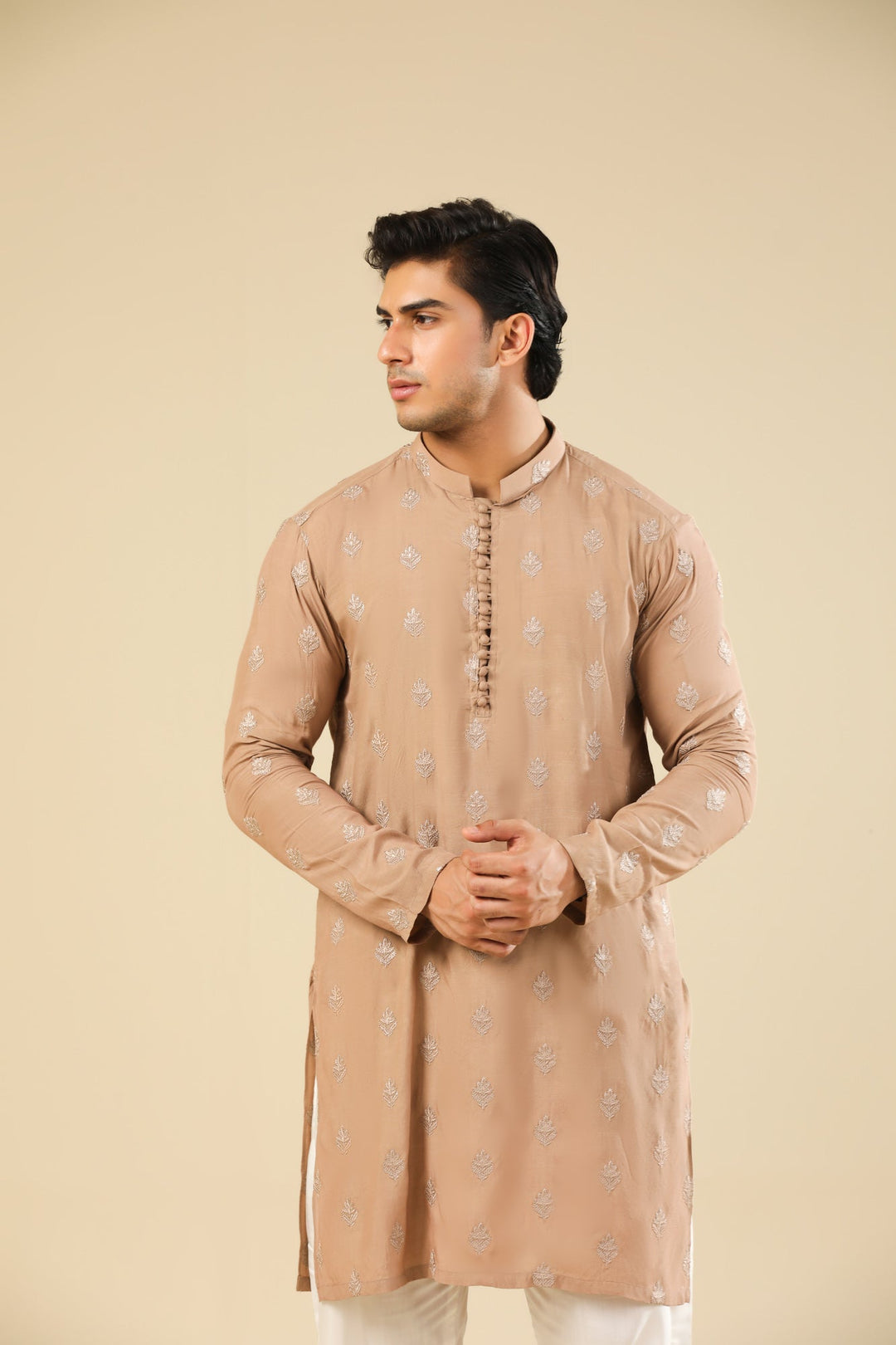 Muraqsh Ready To Wear Embroidered Silk Men Mehrab Sandstone Kurta Trouser MURRS - Winter Collection