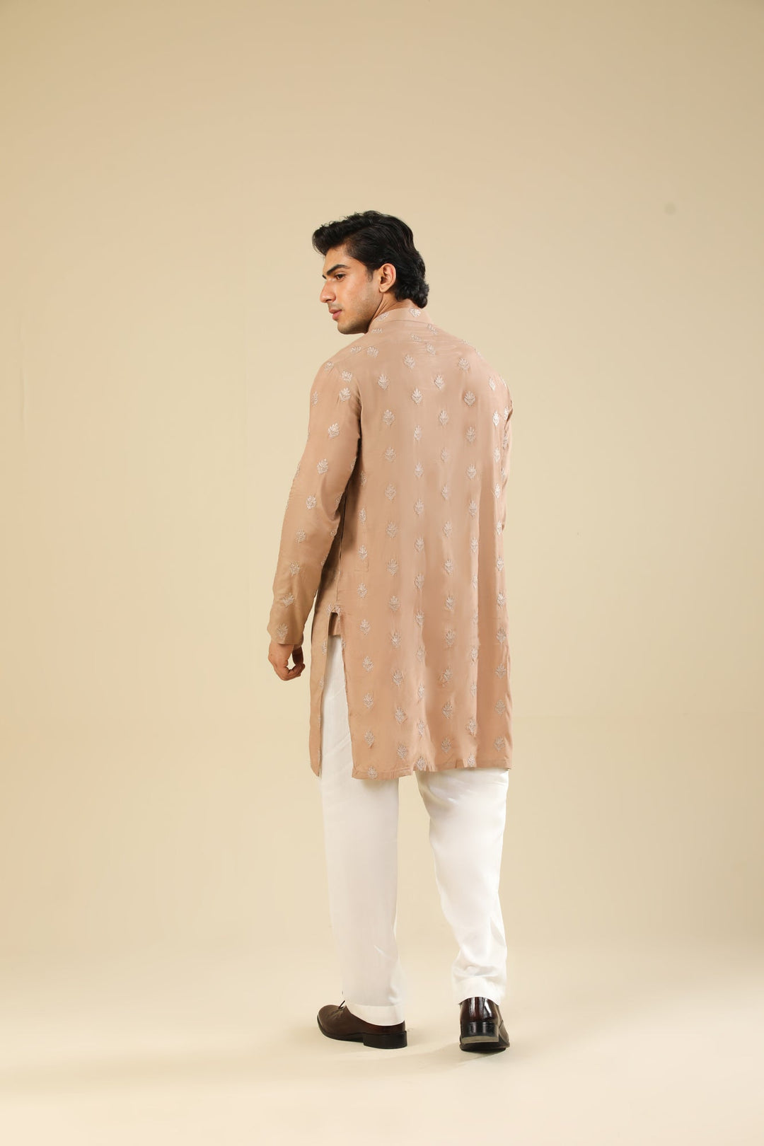 Muraqsh Ready To Wear Embroidered Silk Men Mehrab Sandstone Kurta Trouser MURRS - Winter Collection