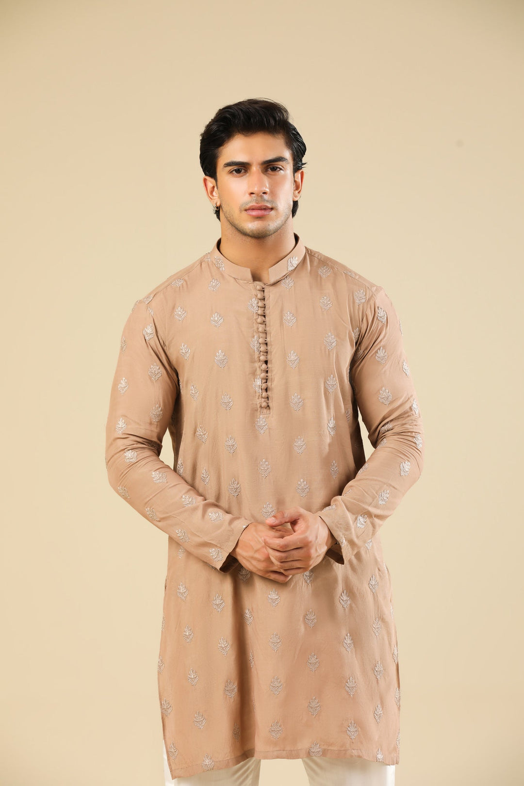 Muraqsh Ready To Wear Embroidered Silk Men Mehrab Sandstone Kurta Trouser MURRS - Winter Collection